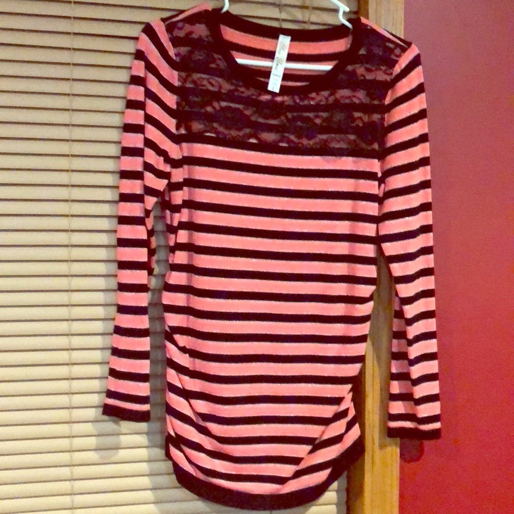 Pink and black striped maternity tunic sweater